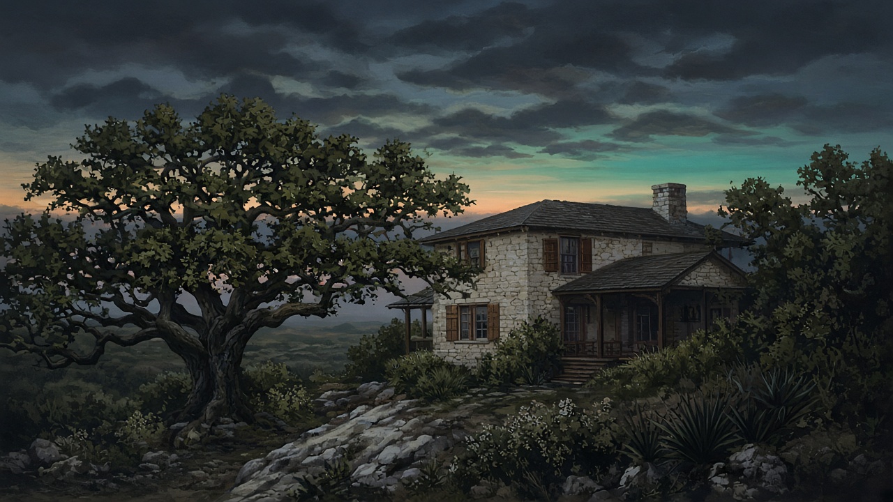 Dusk over a limestone Austin house and live oaks