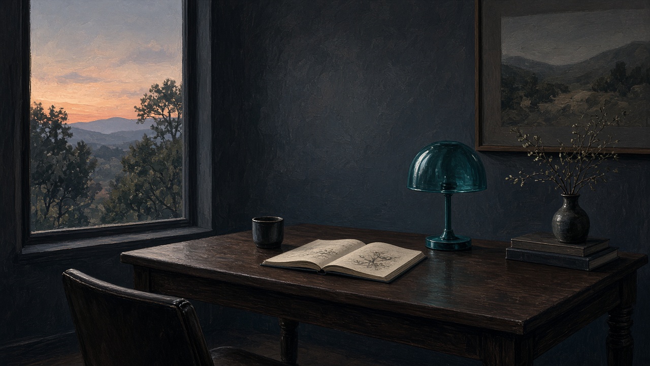 Quiet desk with a teal lamp in a dark Austin study