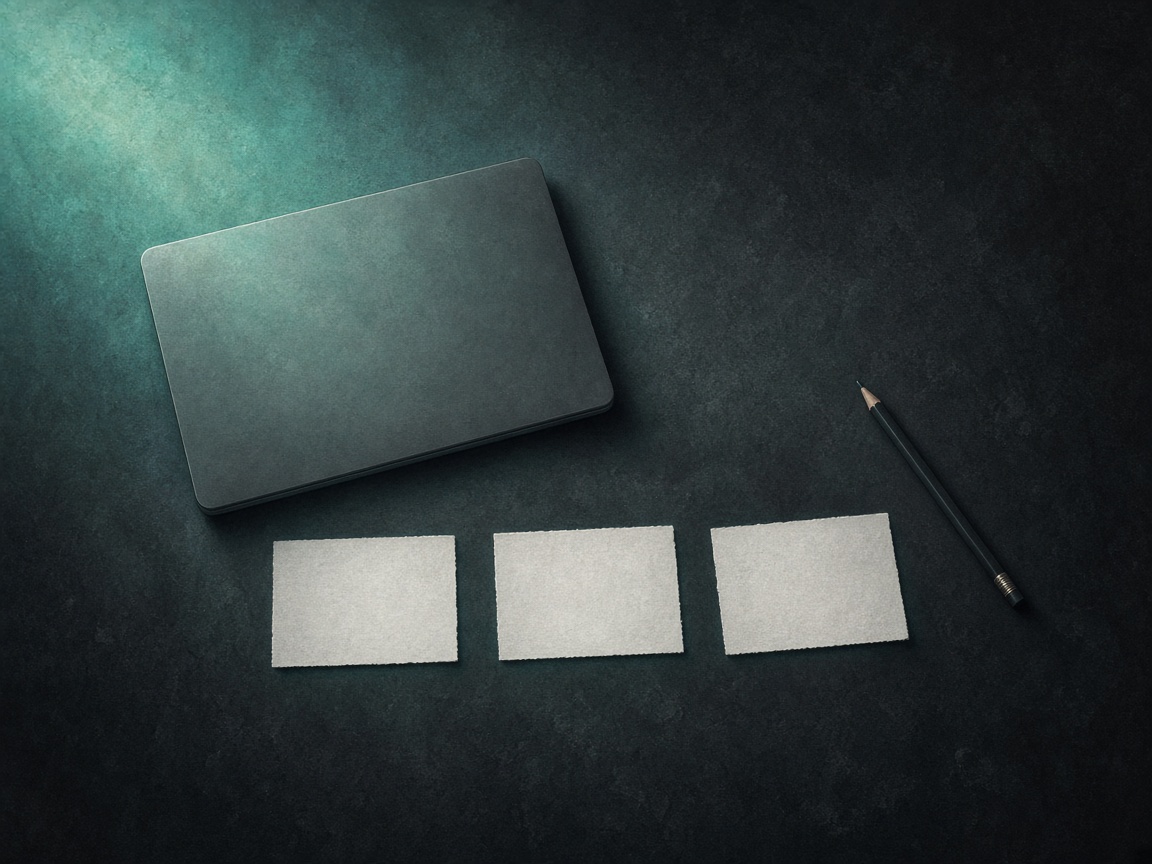 Dark desk with a closed laptop and blank cards